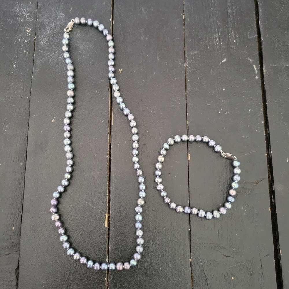 Freshwater Pearl Necklace and Bracelet Set Blue Grey Purple Women's Jewelry